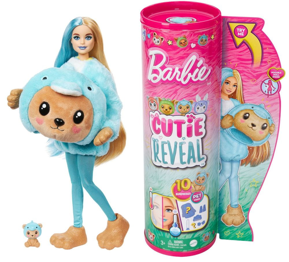 Mattel Barbie Cutie Reveal Barbie v kostýme - medvedík v modrom kostýme delfína HRK22